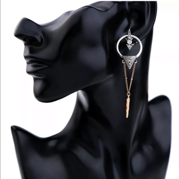 Gold and Silver Modern Geometric Dangle Earrings - Picture 4 of 5